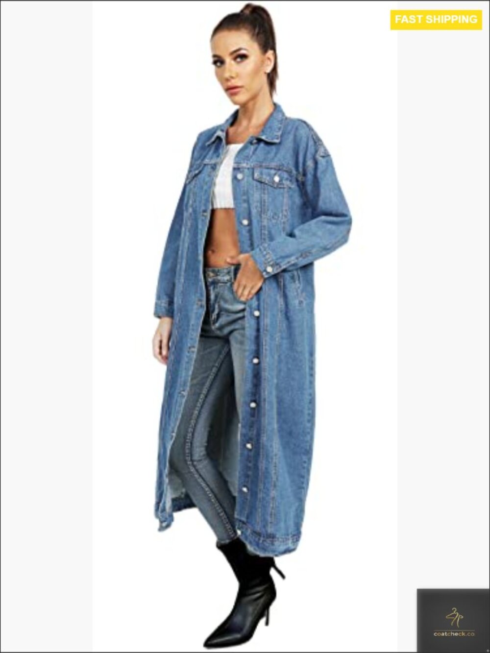 Classic Denim Trench Coat Oversized Loose Fit Long Sleeve Button Down Jacket - Picture 6 of 6